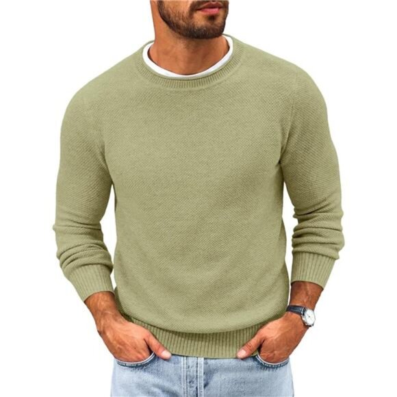 Mens Crewneck Sweater Casual Knitted Thermal Green - Picture 1 of 5